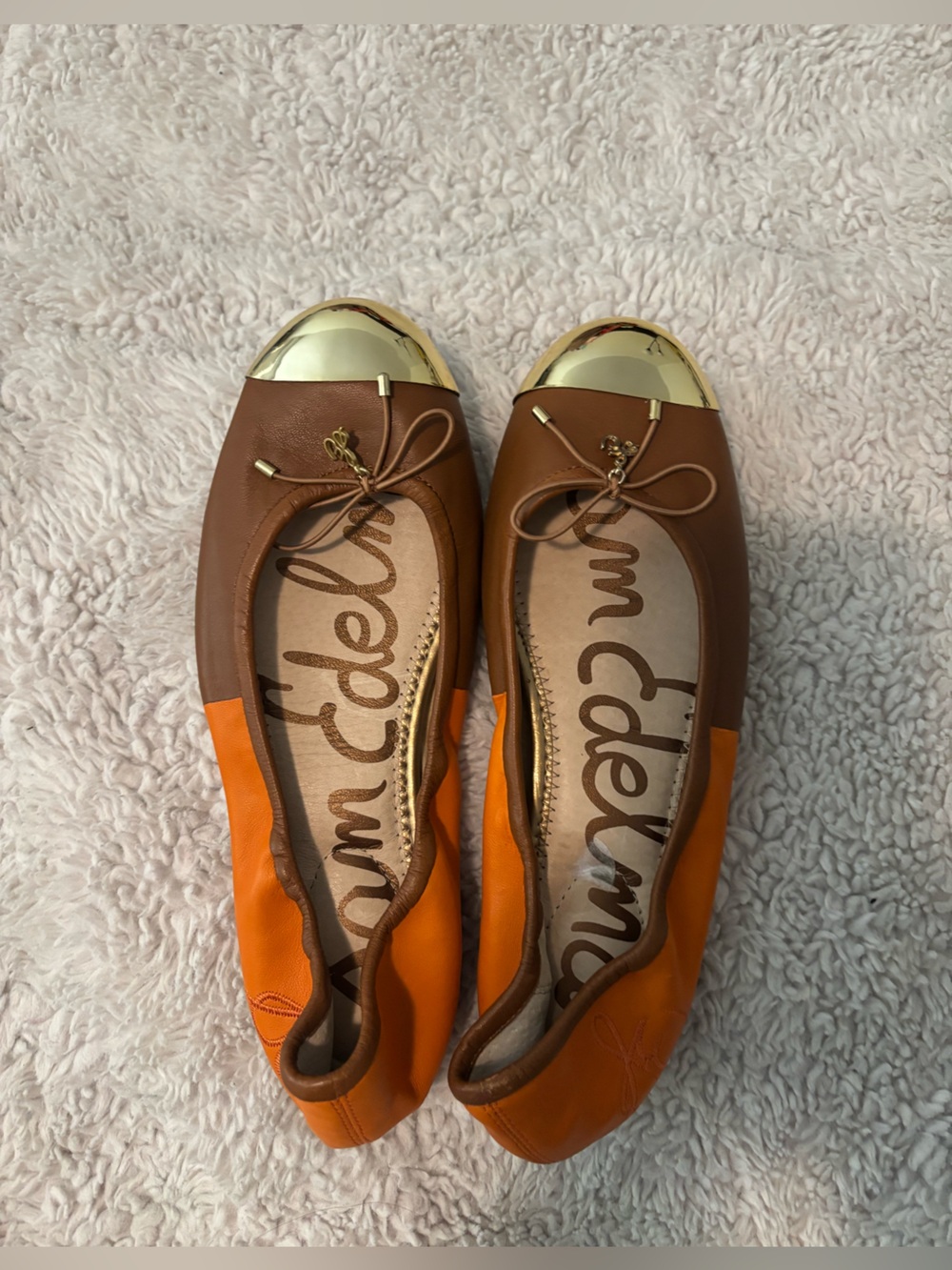 Sam Edelman Brown and Orange Leather Cap-Toe Ballet Flats with Gold Caps